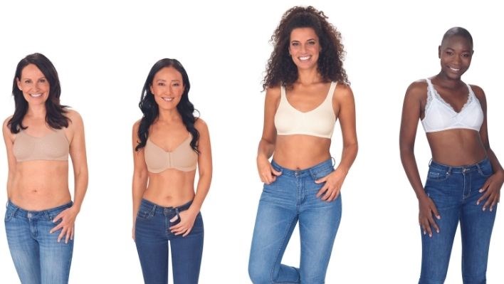 Breast Cancer Bras: Confident smiling female lying on back wearing breat cancer bra - Mobile