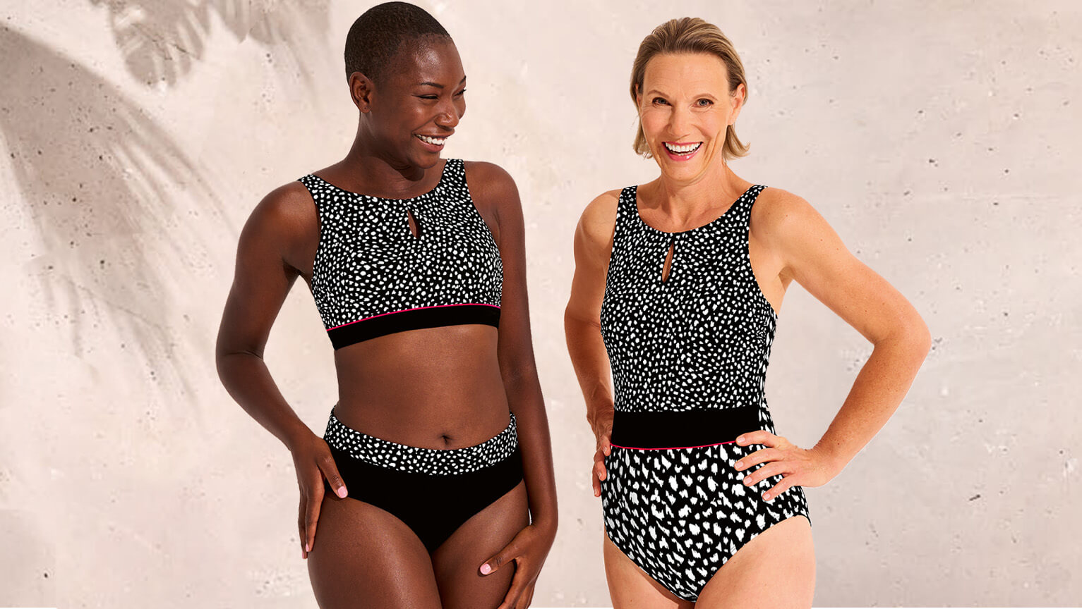 Mastectomy Swimsuits: Two confident females posing in their mastectomy bathing suits - Mobile