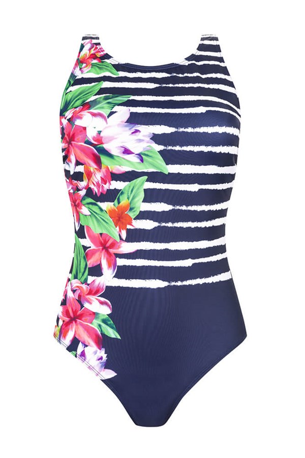 Maritime Meadow One Piece High Neck Swimsuit Blue Pocketed Mastectomy Swimwear Amoena Worldwide