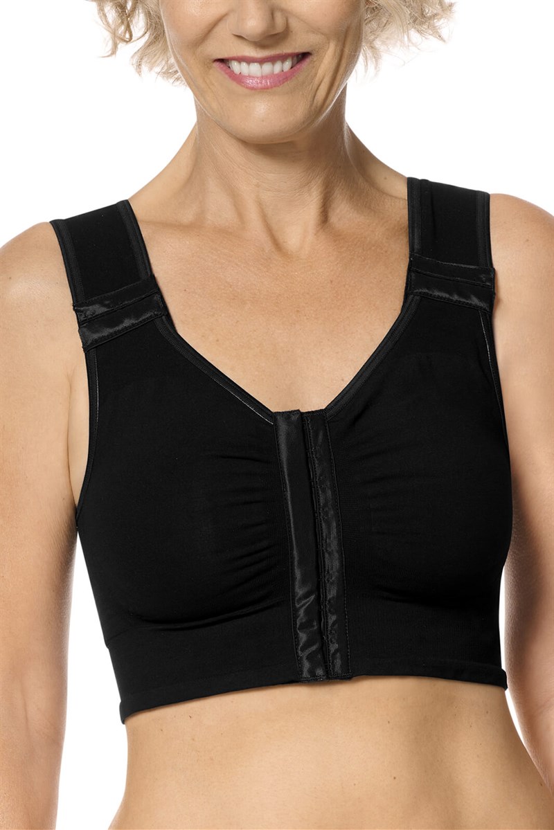 Lymph Flow Long Wire Free Front Closure Mastectomy Bra - black