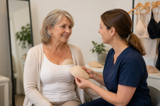 A breast care nurse helping a woman at a supportive fitting appointment