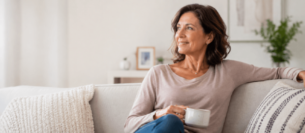 Woman feeling confident and at ease at home after breast surgery