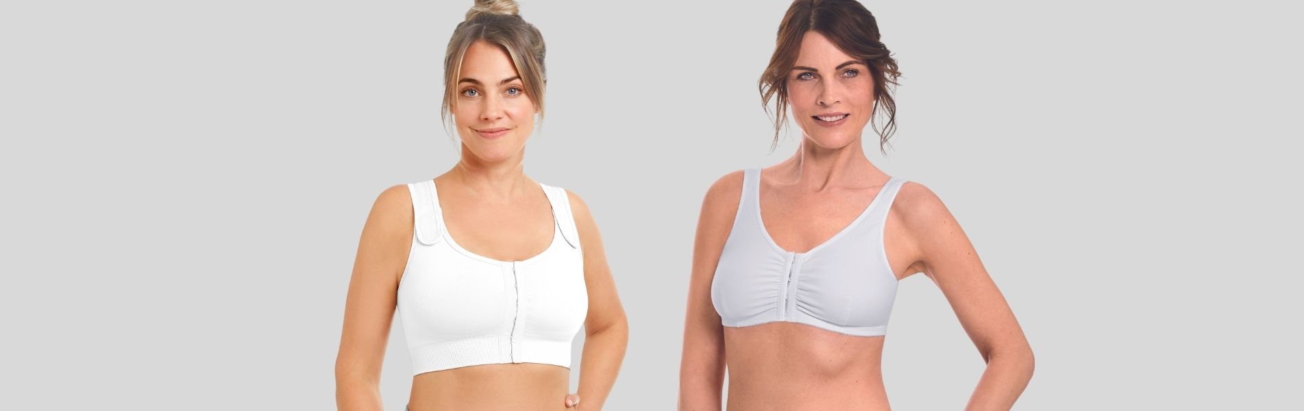 Post Surgery Bras & Recovery Wear: Middle aged female wearing surgical bra in white, front view - Desktop